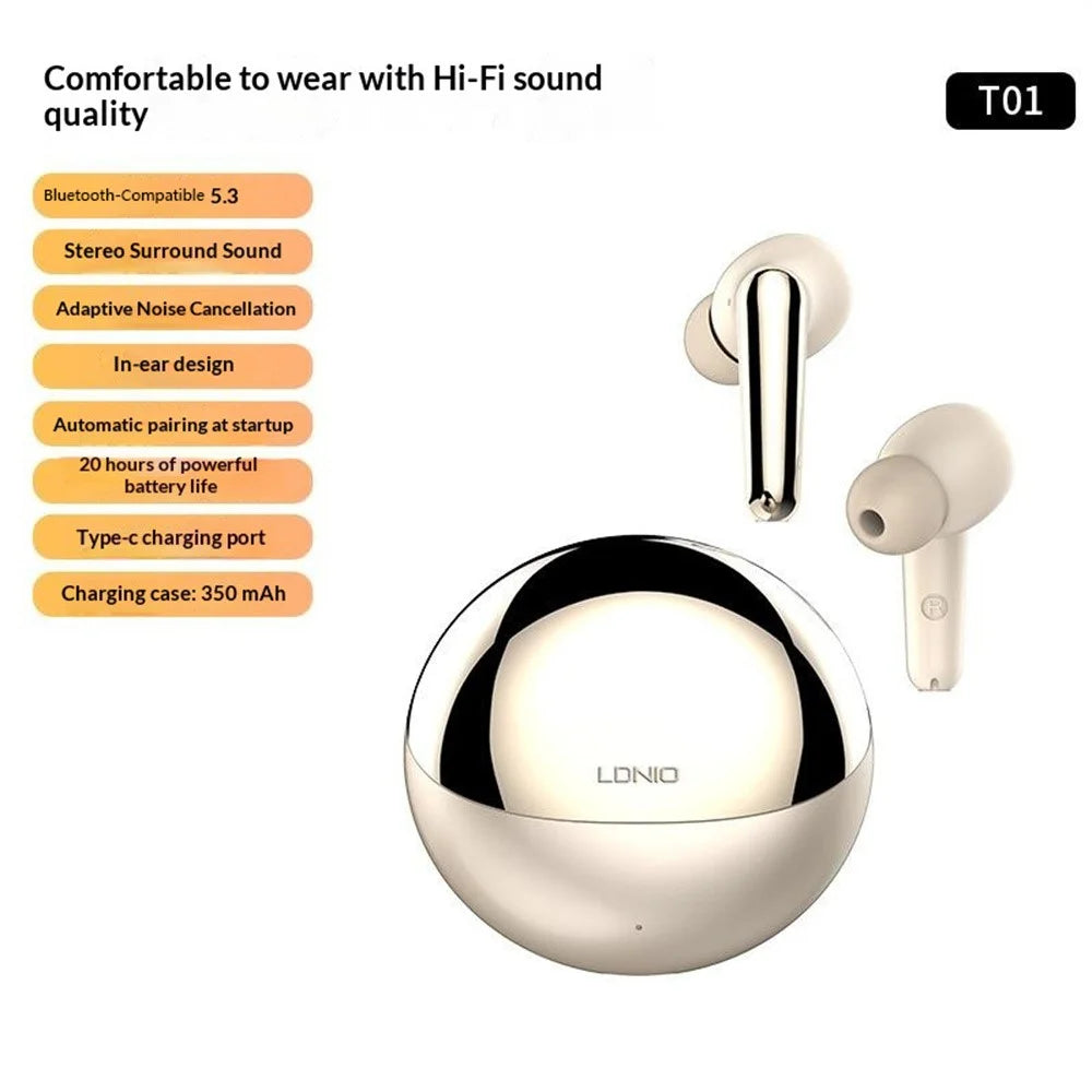 LDNIO T01 Bluetooth-compatible 5.3 In-Ear Earbuds Adaptive Noise Cancelling Hi-Fi 20-Hour Battery Headphones - Champagne - 3