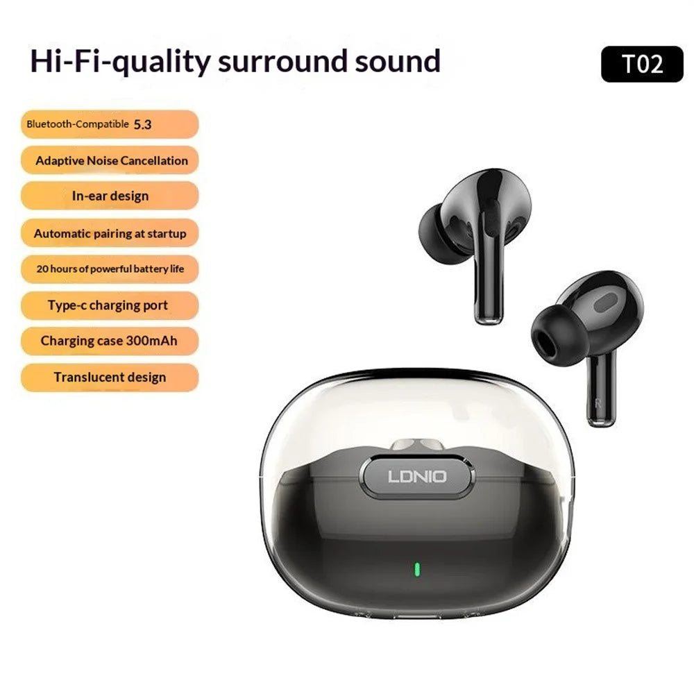 LDNIO T02 Bluetooth-compatible 5.3 In-Ear Earbuds Adaptive Noise Cancelling Hi-Fi 20-Hour Battery Translucent Design Headset for Sports - Black - 3