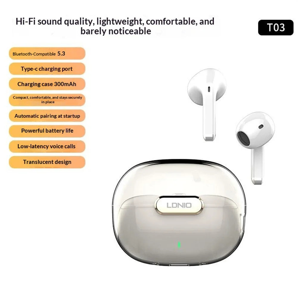 LDNIO T03 TWS Bluetooth-compatible 5.3 Earbuds Semi-In-Ear Hi-Fi 13mm Driver 20-Hour Battery Translucent Design Headset - White - 3