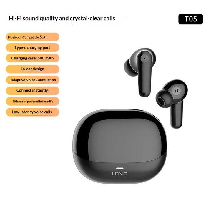 LDNIO T05 Bluetooth-compatible 5.3 Earbuds Adaptive Noise Cancellation 30-Hour Playtime Hi-Fi In-Ear Headphones - Black - 3