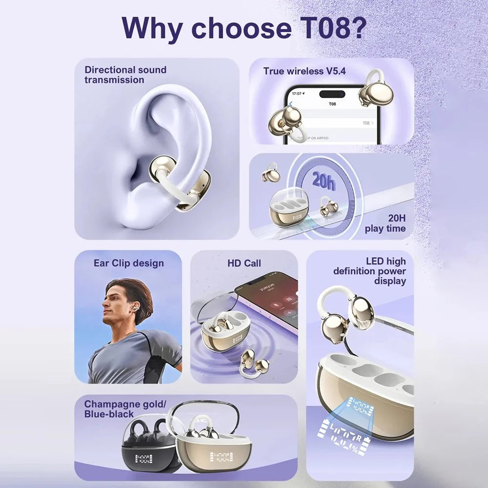 LDNIO T08 Bone Conduction Open Ear Clip Wireless Bluetooth-compatible 5.4 Earbuds 20-Hour Battery Directional Sound Headphones - Champagne Gold - 3