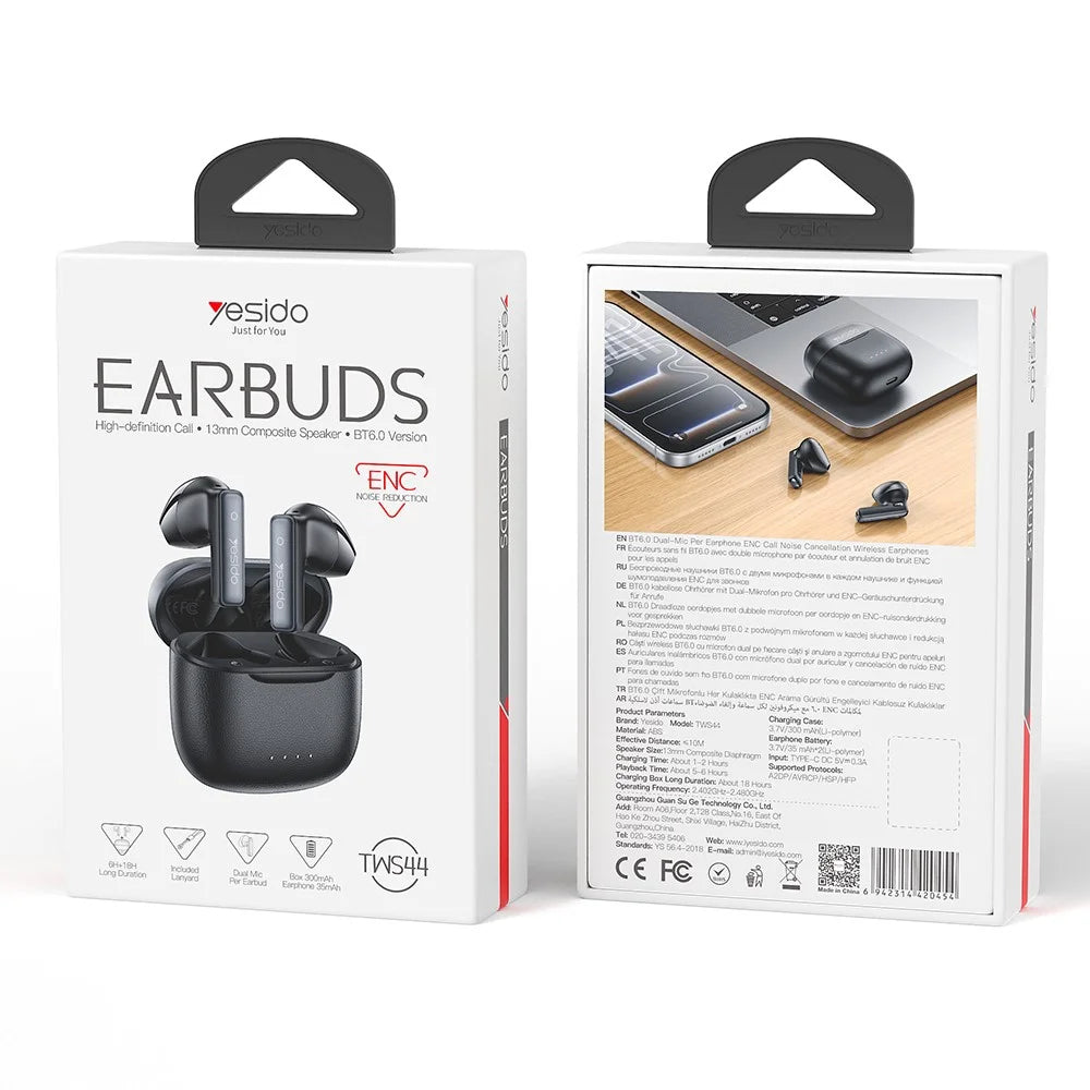 YESIDO TWS44 Bluetooth-compatible Earbuds Semi-in-ear Dual Mic ENC Noise Cancelling Earphones - Black - 6