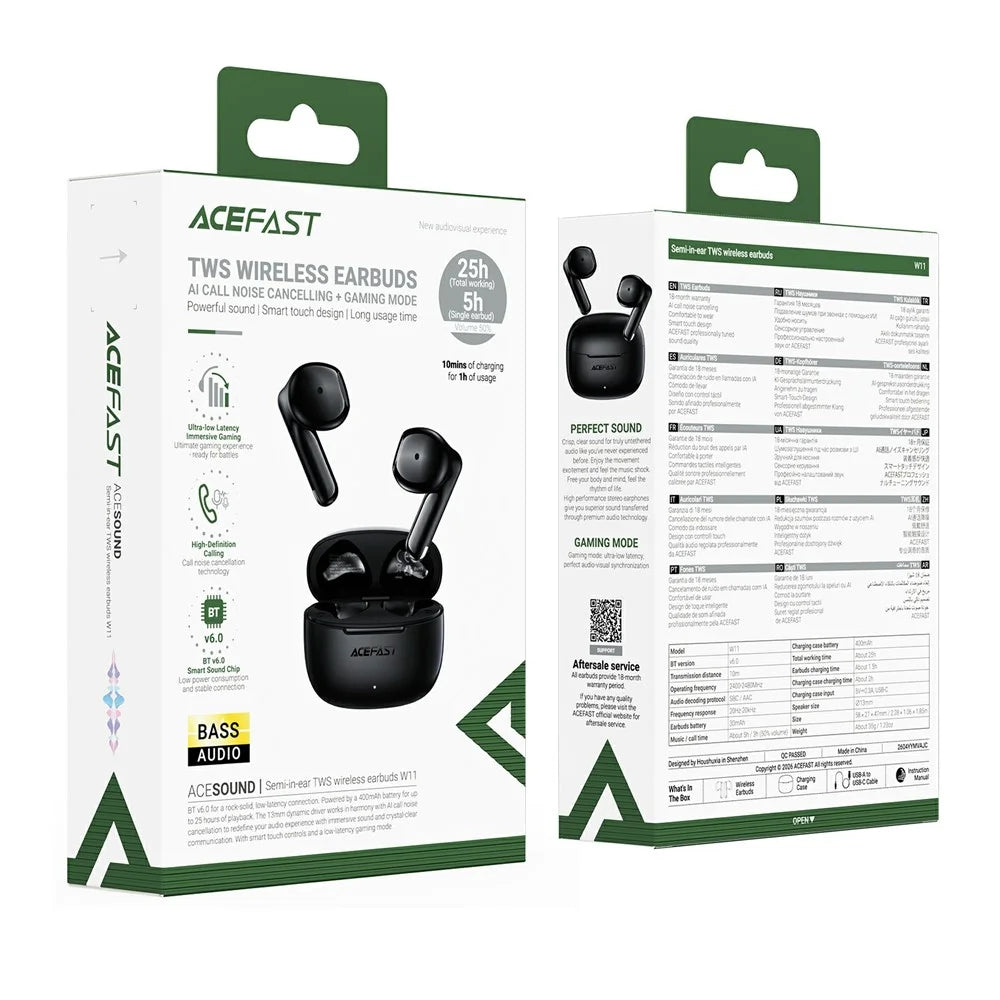 ACEFAST W11 Semi-in-Ear Wireless Earbuds TWS Bluetooth-compatible 6.0 Earphones AI Call Noise Cancelling Gaming Mode - Black - 5