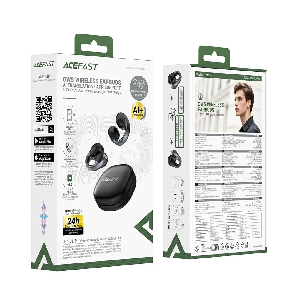 ACEFAST FA007 ACECLIP Air Wireless Earbuds Open-Ear Clip Bluetooth-compatible 6.0 AI Call Earphones - Black - 6