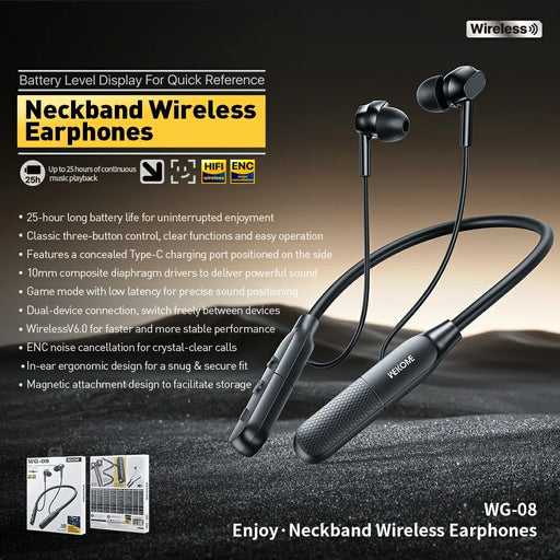 WEKOME WG-08 Neckband Wireless Earphones Bluetooth-compatible 6.0 ENC Noise Cancellation Earbuds - Black - 2