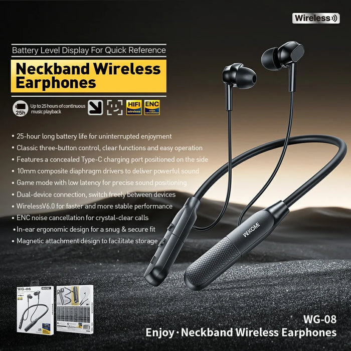 WEKOME WG-08 Neckband Wireless Earphones Bluetooth-compatible 6.0 ENC Noise Cancellation Earbuds - Black - 2