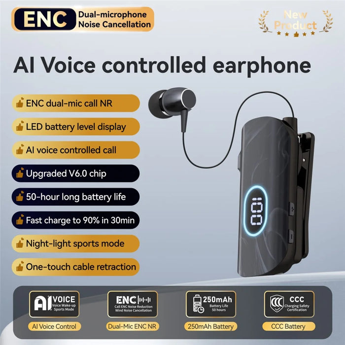 K93 Clip-on Bluetooth-compatible Earphones Digital Display ENC Noise Cancelling Fast Charging - Black - 2