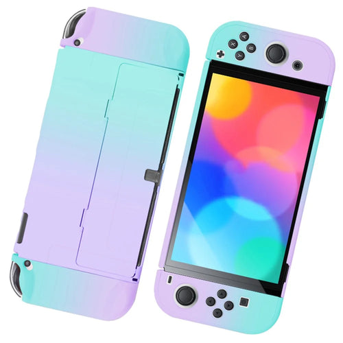 Anti-Fingerprint Dockable Case Protective Cover Ergonomic Comfort PC Grip Case Set for Nintendo Switch OLED Console - Purple/Green - 1