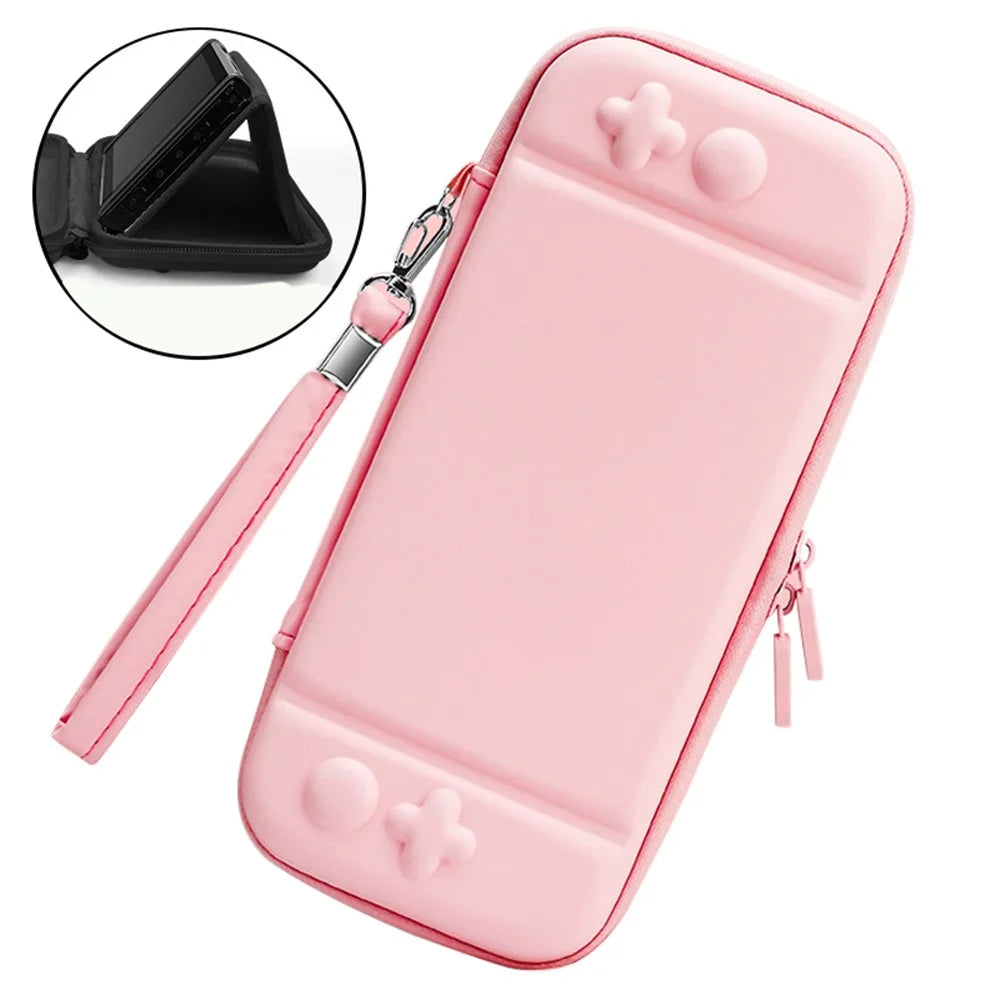 Solid Color Portable Storage Bag for Nintendo Switch Shock-resistant PU Leather Carrying Case with Stand Function and Carrying Strap - Pink - 1