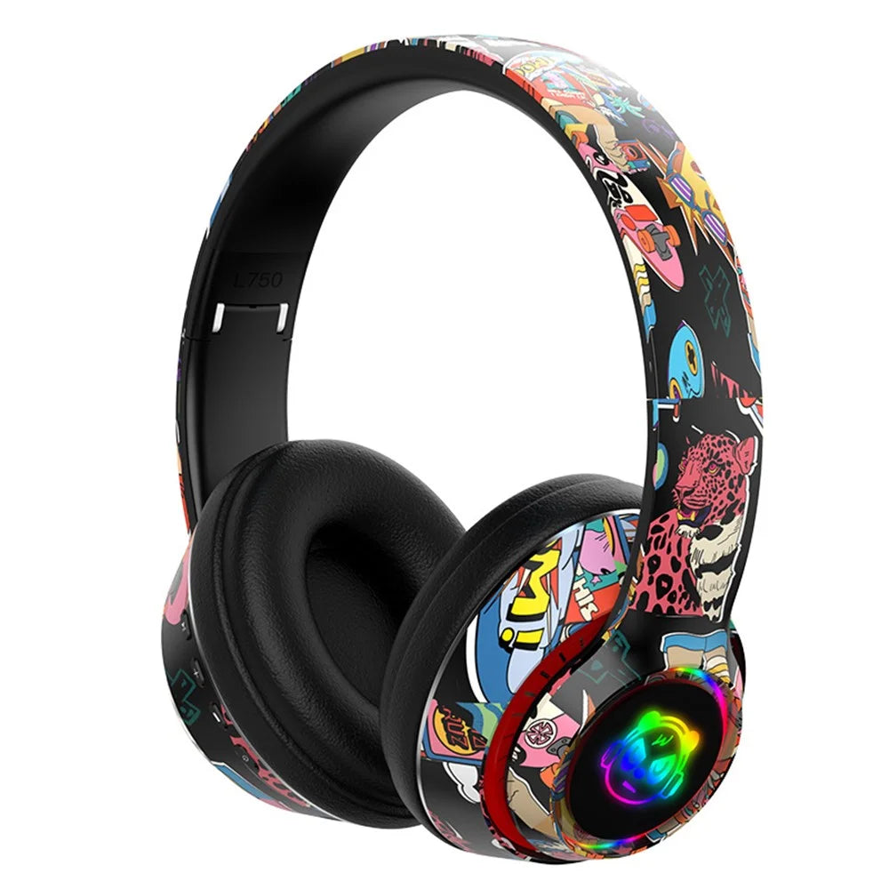 L750 Bluetooth-compatible Headset Cool Graffiti Headphone with LED Light Earphone Support TF Card/3.5mm Audio Wired for Mobile Phone Computer Laptop - Black - 1