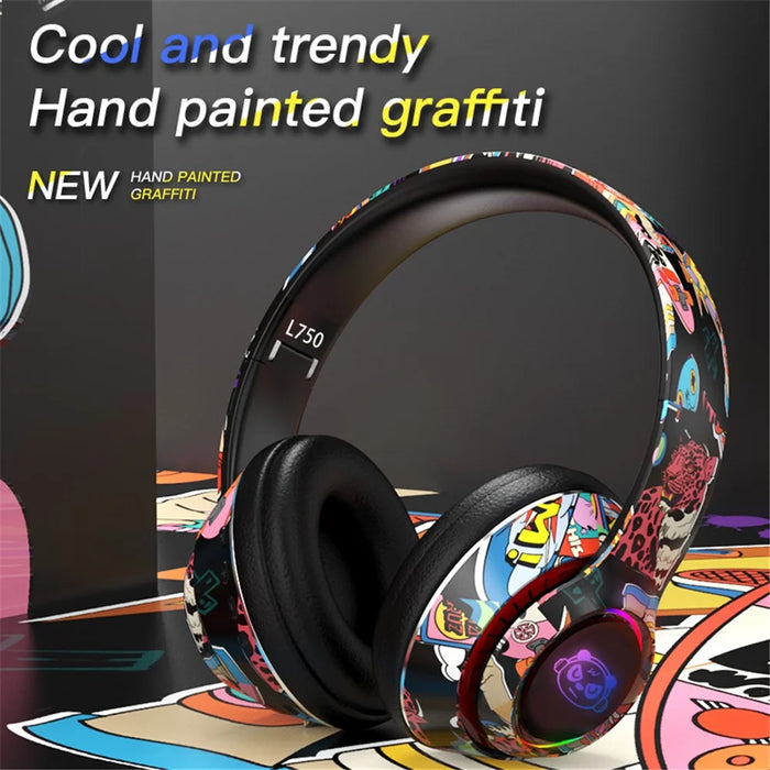 L750 Bluetooth-compatible Headset Cool Graffiti Headphone with LED Light Earphone Support TF Card/3.5mm Audio Wired for Mobile Phone Computer Laptop - Black - 2