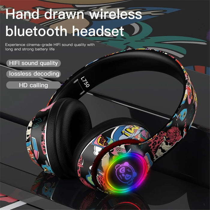 L750 Bluetooth-compatible Headset Cool Graffiti Headphone with LED Light Earphone Support TF Card/3.5mm Audio Wired for Mobile Phone Computer Laptop - Black - 3