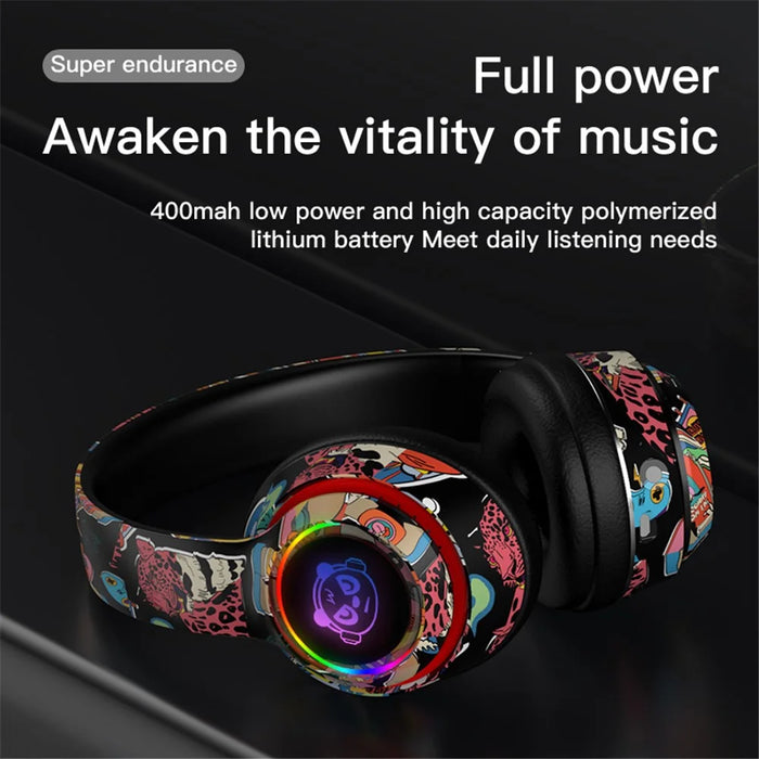 L750 Bluetooth-compatible Headset Cool Graffiti Headphone with LED Light Earphone Support TF Card/3.5mm Audio Wired for Mobile Phone Computer Laptop - Black - 4