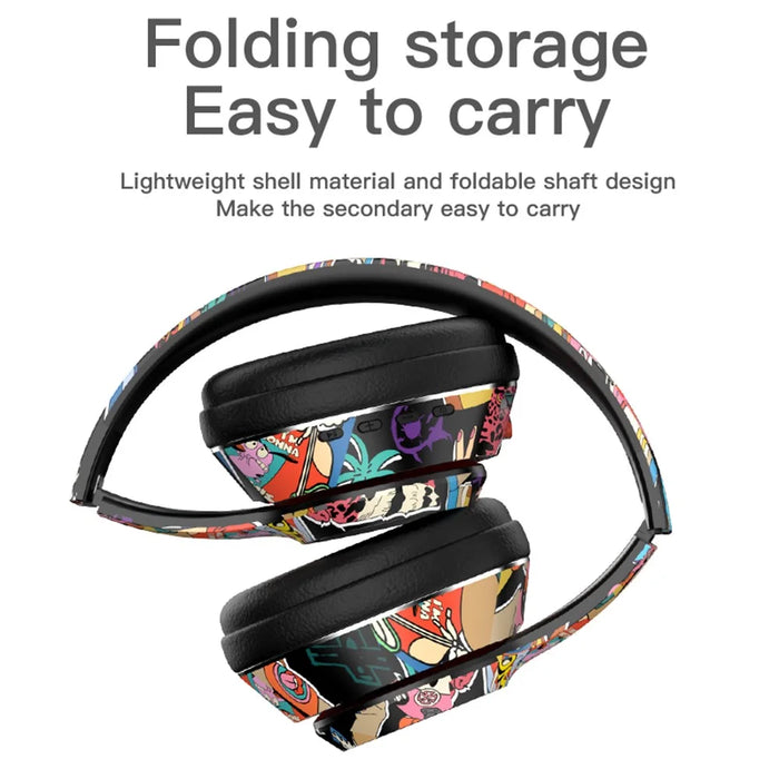 L750 Bluetooth-compatible Headset Cool Graffiti Headphone with LED Light Earphone Support TF Card/3.5mm Audio Wired for Mobile Phone Computer Laptop - Black - 5