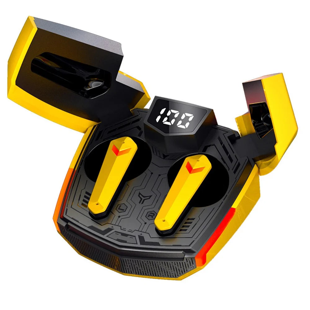 JX20 TWS Wireless Bluetooth-compatible 5.2 Noise Reduction Low-Latency Sports Headset Gaming Headphone with Digital Display Screen Charging Case - Yellow - 1