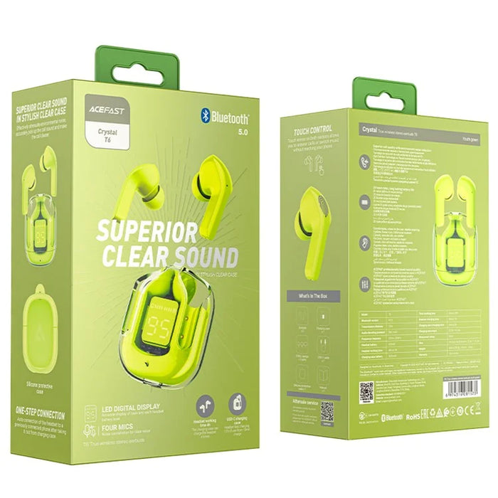 ACEFAST T6 TWS Wireless Bluetooth-compatible 5.2 Earphone Earbuds In-ear Stereo Music Calling Headset with Translucent Charging Case - Youth Green - 7