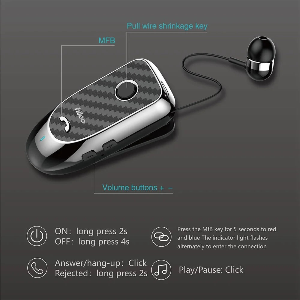 HILEO Hi60 Clip-On Style Bluetooth-compatible Headset Single Ear Wireless Headphone Stretchable Business Earphone for Driving - Black - 4