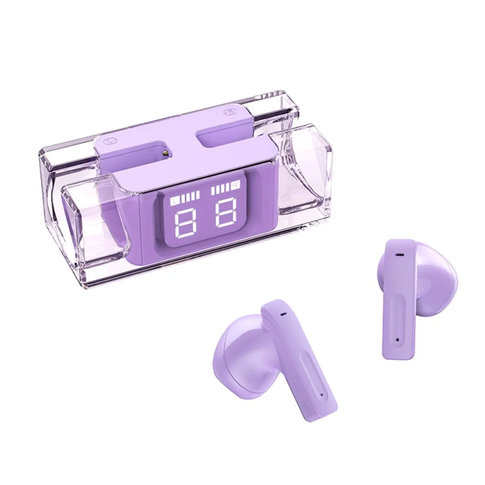 E90 Transparent Design TWS Wireless Bluetooth-compatible 5.3 Earphone Digital Display Stereo Music Touch Headset - Purple - 1