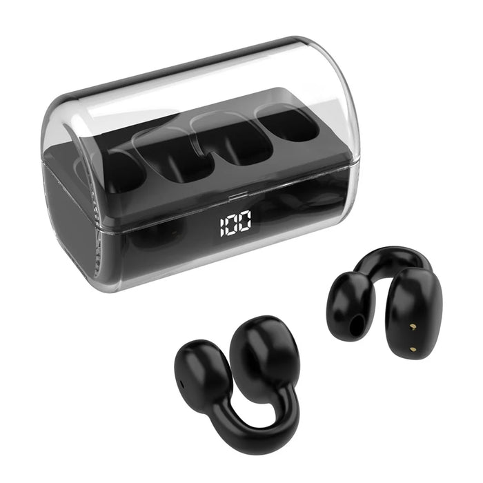 FK8 Bone Conduction Bluetooth-compatible Earphones Ear Clip Headphones with Digital Display Charging Case - Black - 1