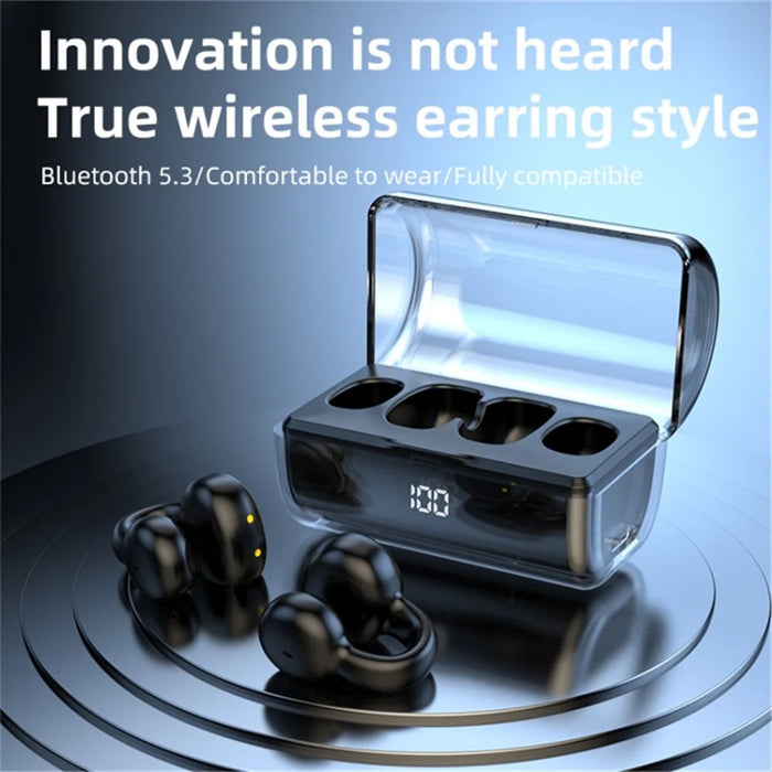 FK8 Bone Conduction Bluetooth-compatible Earphones Ear Clip Headphones with Digital Display Charging Case - Black - 3