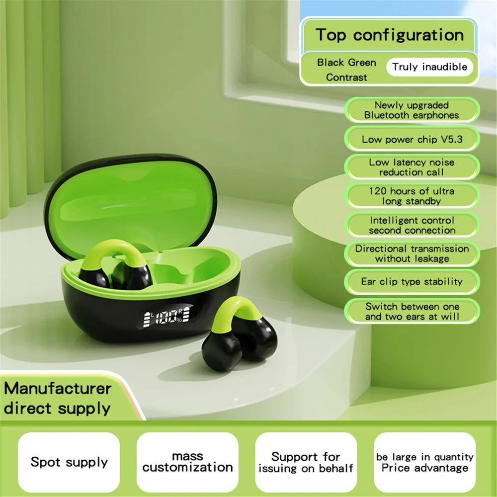 AX10 Ear Clip Open Ear Bluetooth-compatible Headphones with Charging Case Sports Earphones for Cycling Running - Black+Green - 2
