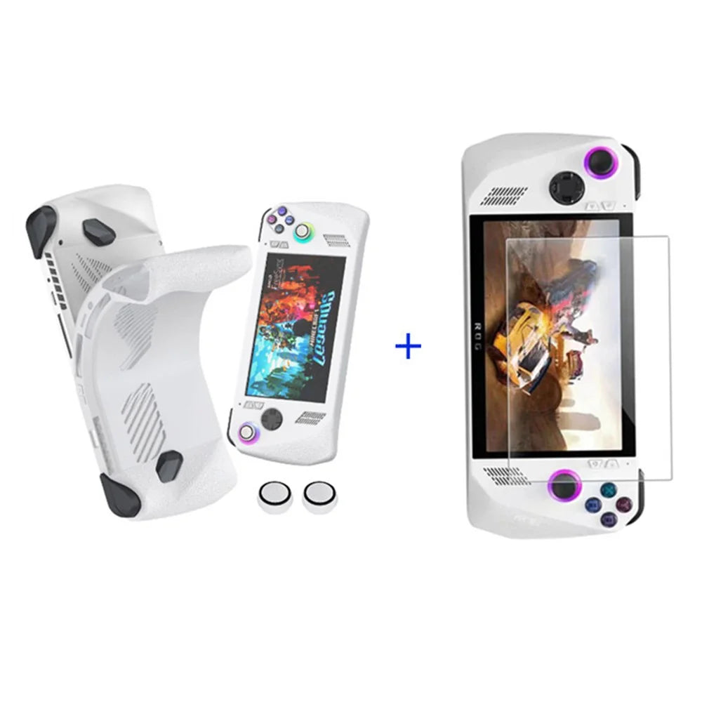 For ASUS ROG Ally Game Controller Protector Set, Tempered Glass Screen Film + Silicone Protective Sleeve + Thumb Stick Grip Cap Case - White - 1