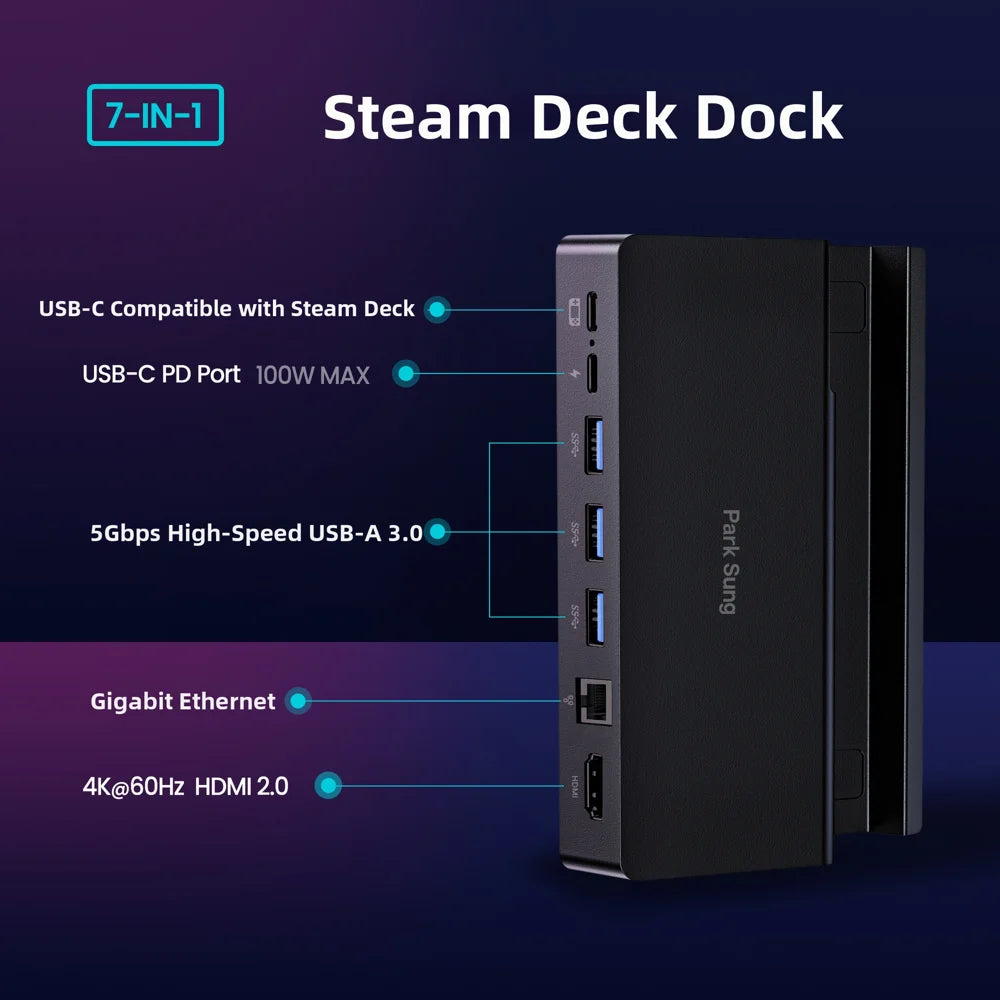 7 in 1 Type-C Hub Docking Station for Steam Deck 4K@60Hz HD, Gigabit Ethernet, PD 100W, 3xUSB3.0 Expansion Dock - 4