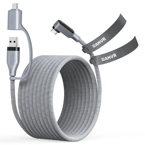 AMVR LC6L 16FT 2 in 1 USB-A + Type-C to Type-C 5Gbps Nylon Braided Data Cable for VR Gaming - Grey - 1