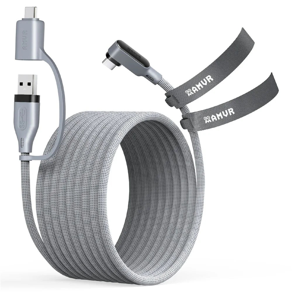 AMVR LC6L 16FT 2 in 1 USB-A + Type-C to Type-C 5Gbps Nylon Braided Data Cable for VR Gaming - Grey - 1