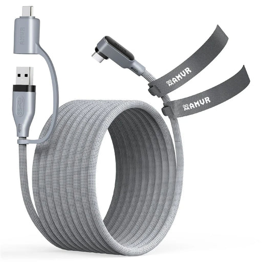 AMVR LC6L 16FT 2 in 1 USB-A + Type-C to Type-C 5Gbps Nylon Braided Data Cable for VR Gaming - Grey - 1