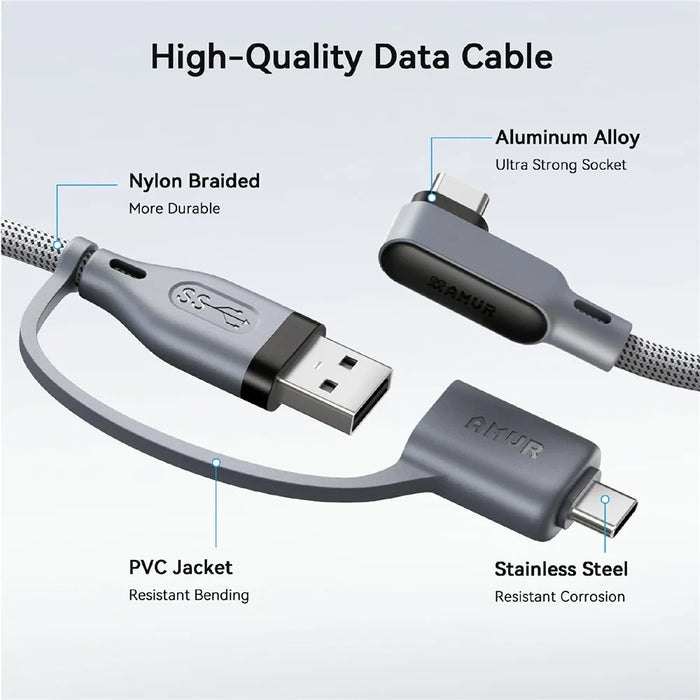AMVR LC6L 16FT 2 in 1 USB-A + Type-C to Type-C 5Gbps Nylon Braided Data Cable for VR Gaming - Grey - 5
