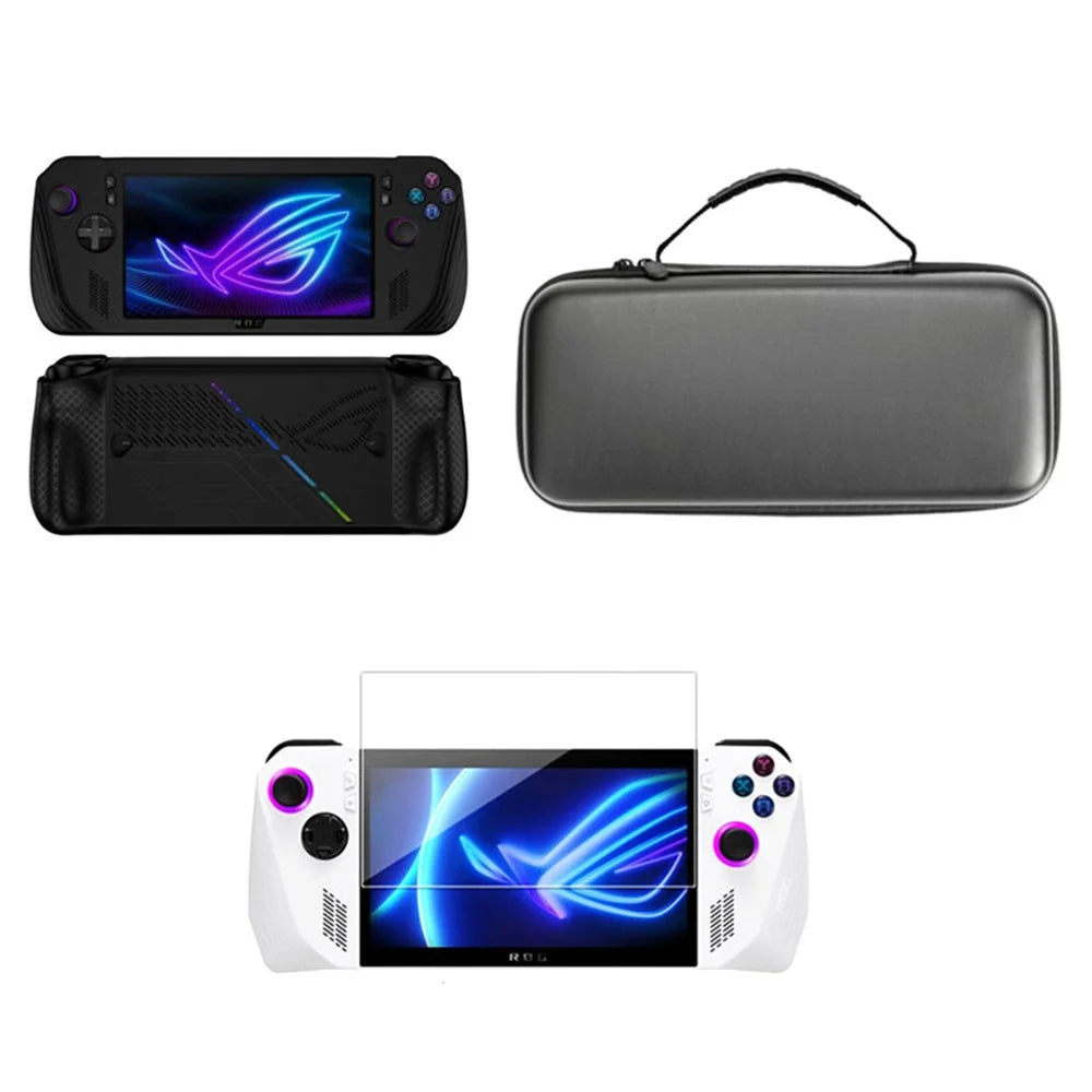 3-in-1 Kit for Asus ROG Ally X Silicone Case Portable Travel Carrying Cover with Tempered Glass Screen Protector - Black - 1