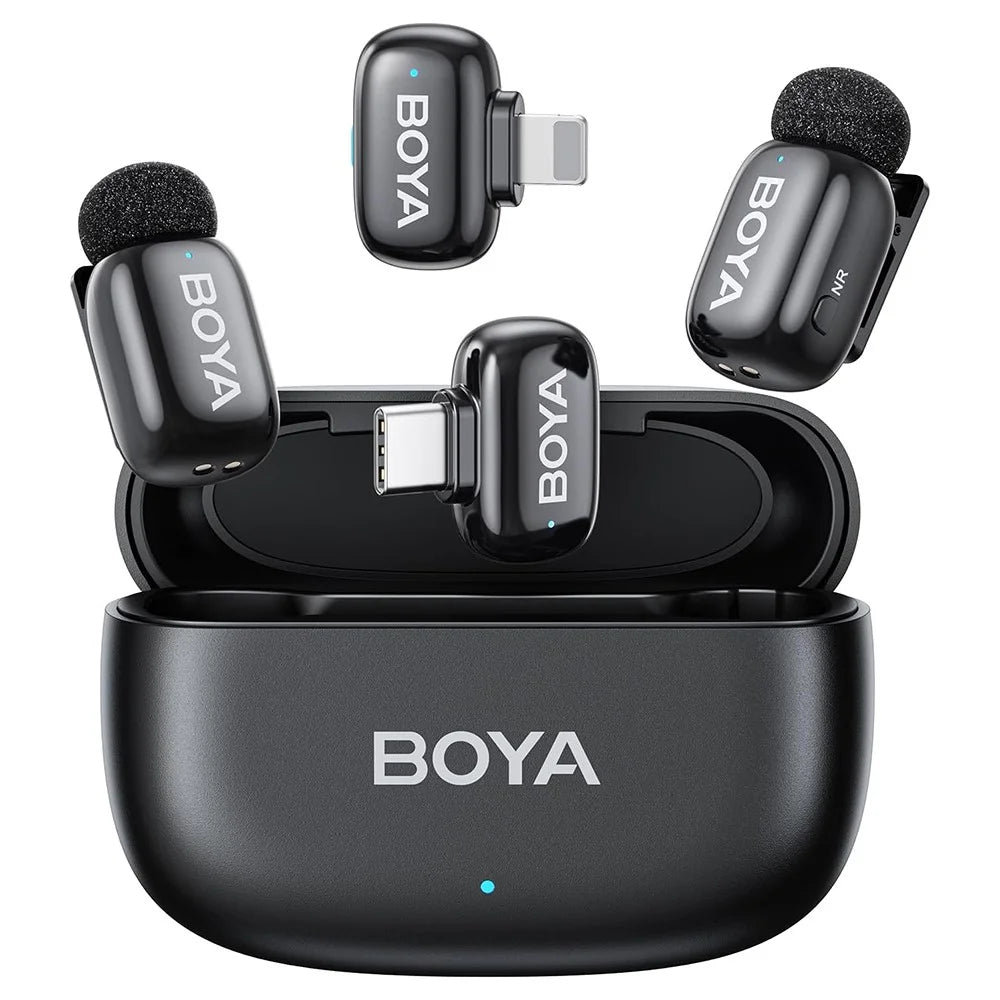BOYA mini Mfi Certified 2Pcs Wireless Lavalier Microphone AI Noise Reduction Mic with Lightning + USB-C Receiver - Black - 1