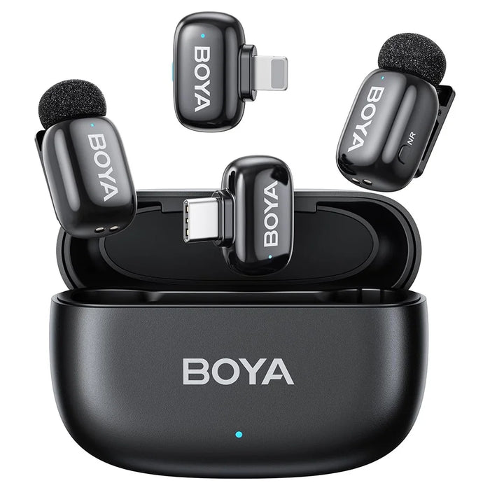 BOYA mini Mfi Certified 2Pcs Wireless Lavalier Microphone AI Noise Reduction Mic with Lightning + USB-C Receiver - Black - 1