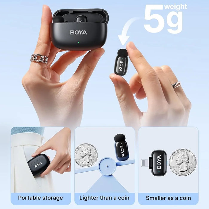 BOYA mini Mfi Certified 2Pcs Wireless Lavalier Microphone AI Noise Reduction Mic with Lightning + USB-C Receiver - Black - 3