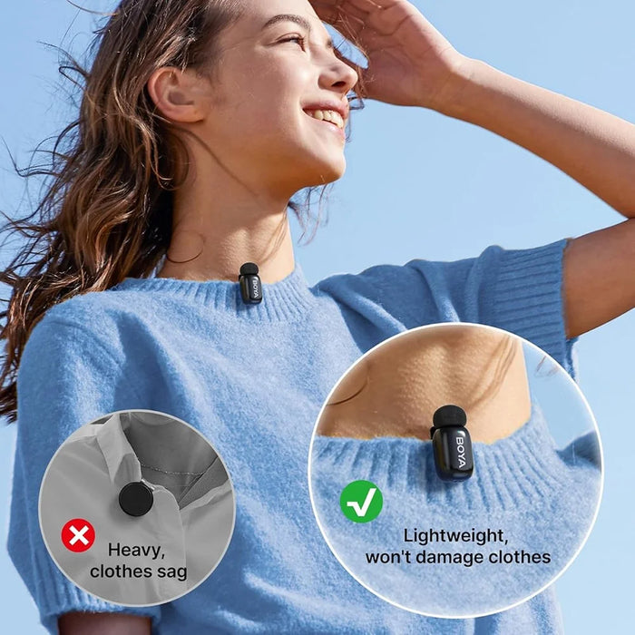 BOYA mini Mfi Certified 2Pcs Wireless Lavalier Microphone AI Noise Reduction Mic with Lightning + USB-C Receiver - Black - 6