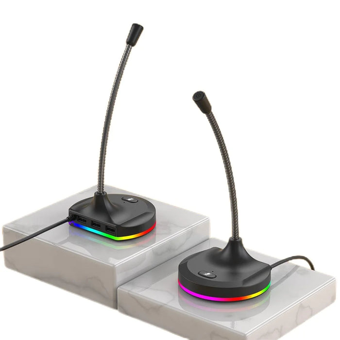 RGB Light Microphone 3 USB Ports Hub Plug and Play Noise Cancelling Desktop Mic - Black - 2