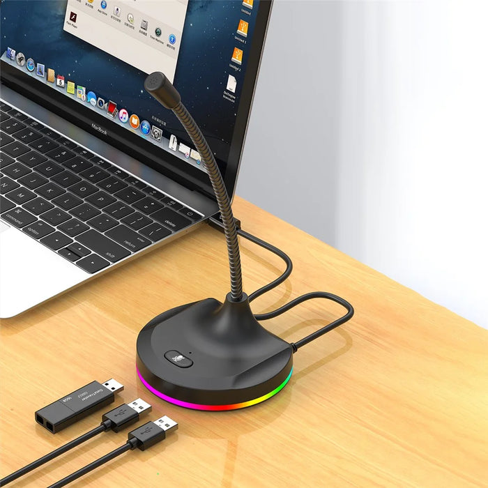 RGB Light Microphone 3 USB Ports Hub Plug and Play Noise Cancelling Desktop Mic - Black - 3