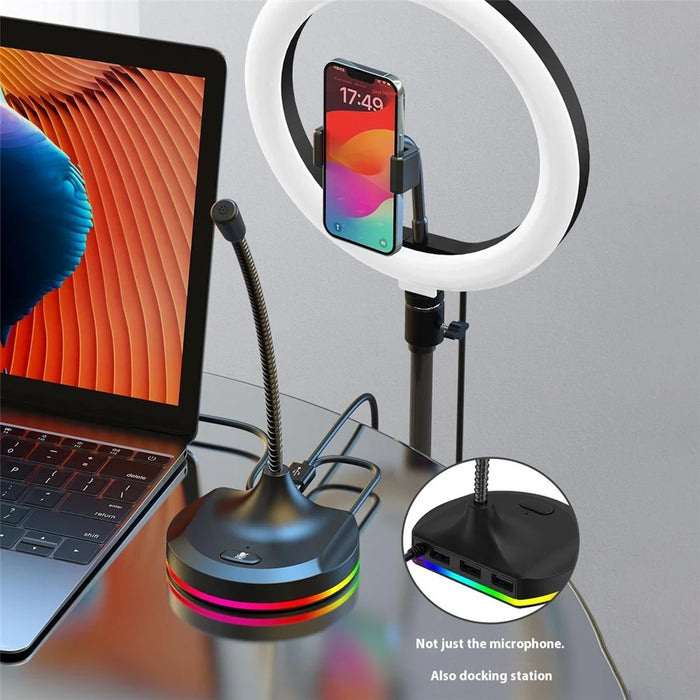 RGB Light Microphone 3 USB Ports Hub Plug and Play Noise Cancelling Desktop Mic - Black - 4
