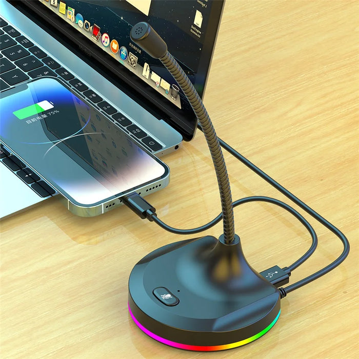 RGB Light Microphone 3 USB Ports Hub Plug and Play Noise Cancelling Desktop Mic - Black - 7