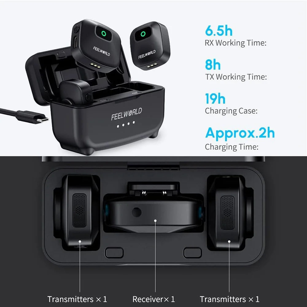 FEELWORLD LM1 Wireless Lavalier Microphone System for Phone Camera PC, 2 Transmitters + 1 Receiver + Charging Case - Black - 2