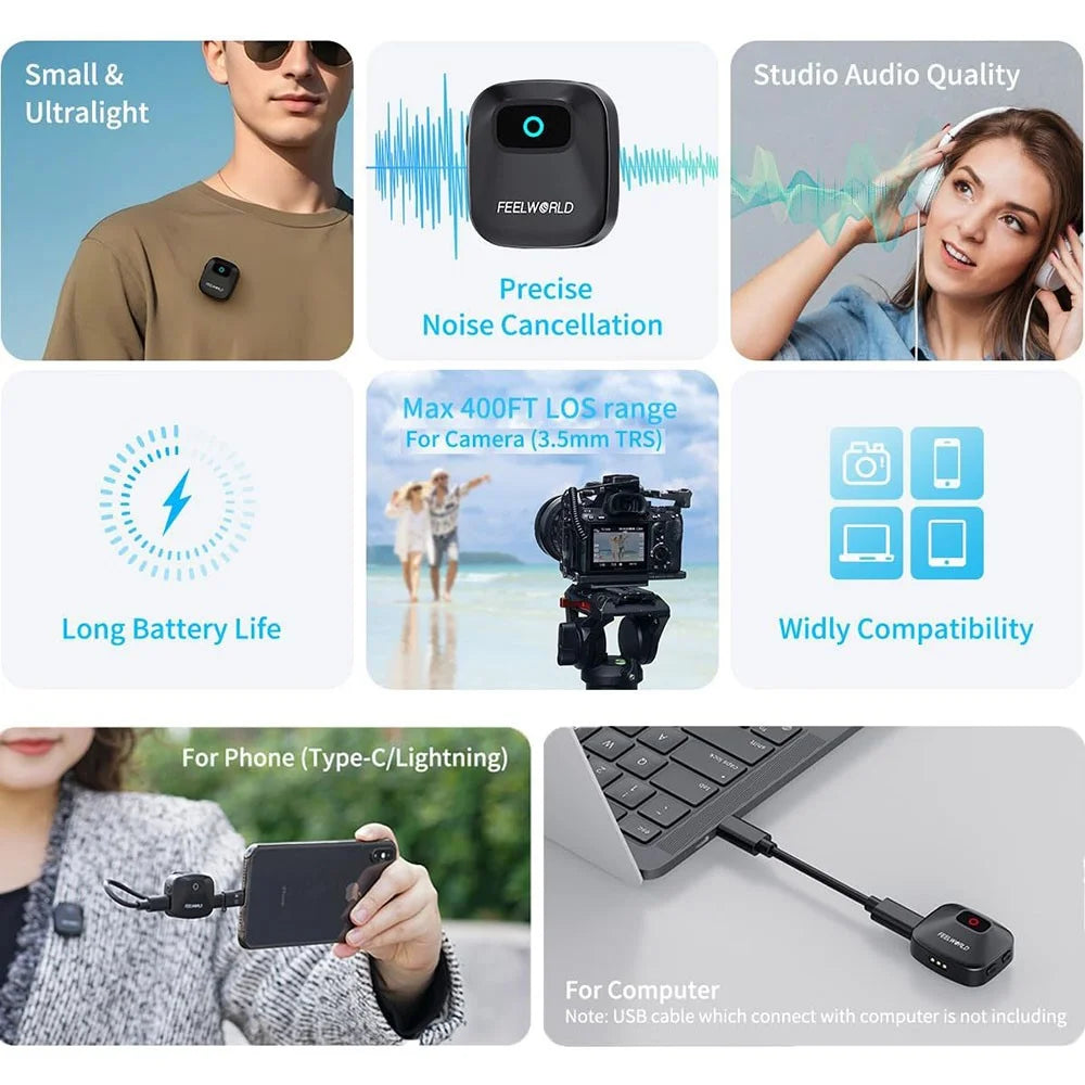 FEELWORLD LM1 Wireless Lavalier Microphone System for Phone Camera PC, 2 Transmitters + 1 Receiver + Charging Case - Black - 6