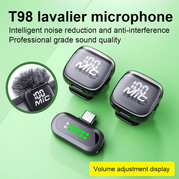 T98 Dual Wireless Lavalier Microphone Set AI Noise Reduction Digital Display Type-C Lavalier Mic (2 Microphones+1 Receiver) - 2