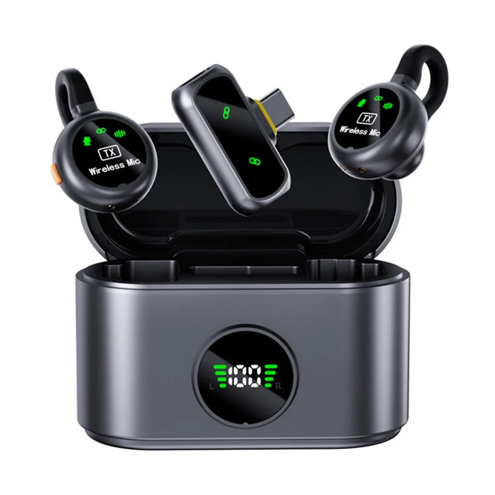 QY90 Wireless Lavalier Microphone Kit with Charging Case Type-C 2.4G Ultra Low Latency Digital Display Lavalier Mic (2 Microphones+1 Receiver) - Black - 2