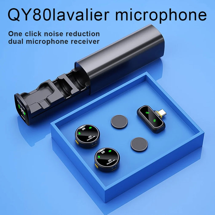 QY80 Wireless Lavalier Microphone One-Click Noise Reduction USB-C Lavalier Mic  for Live Streaming (2 Microphones+1 Receiver) - Black - 7