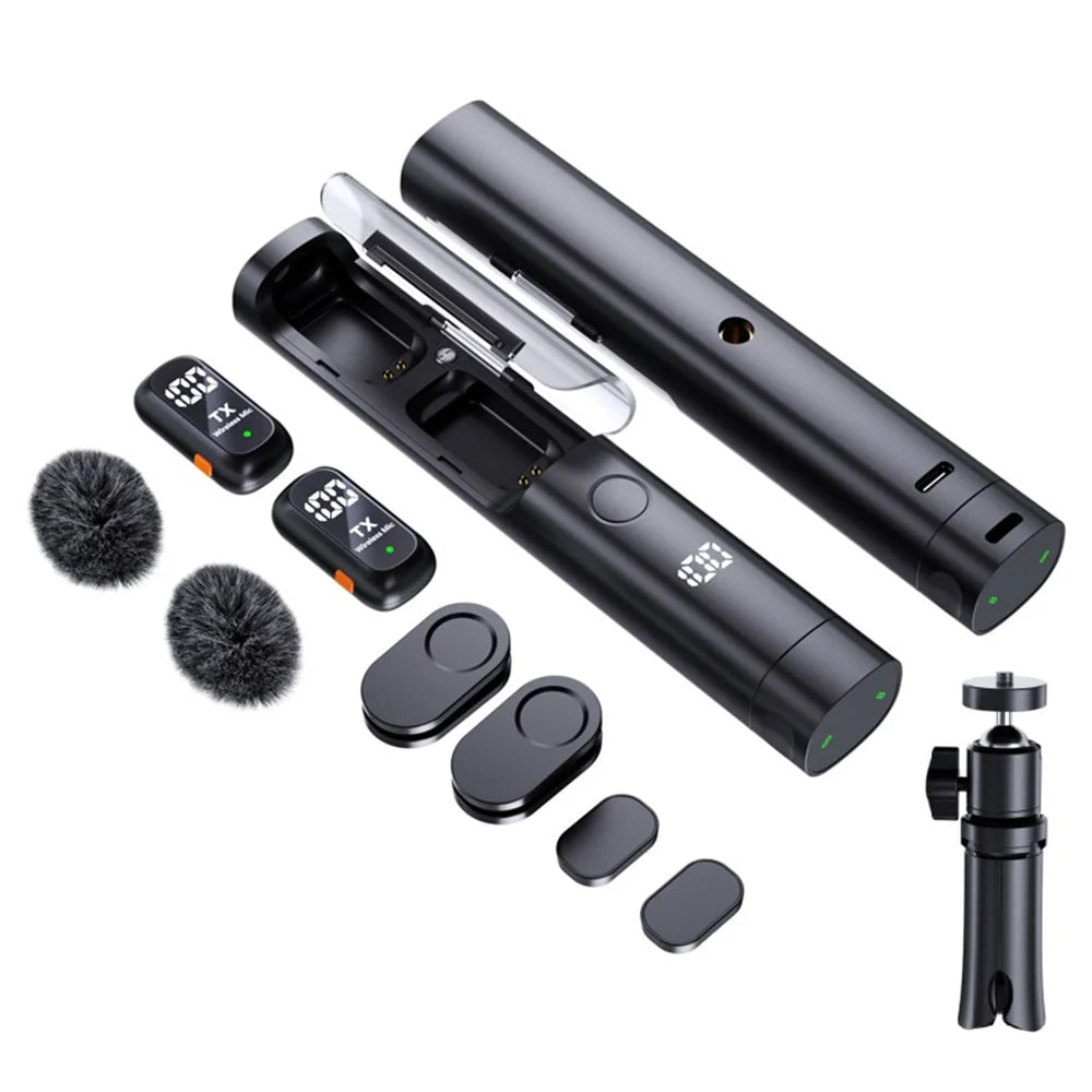 QY99 Wireless Lavalier Microphone AI Noise Reduction Type-C Interface Lavalier Mic with Tripod & Storage Case (2 Microphones+1 Receiver) - 1