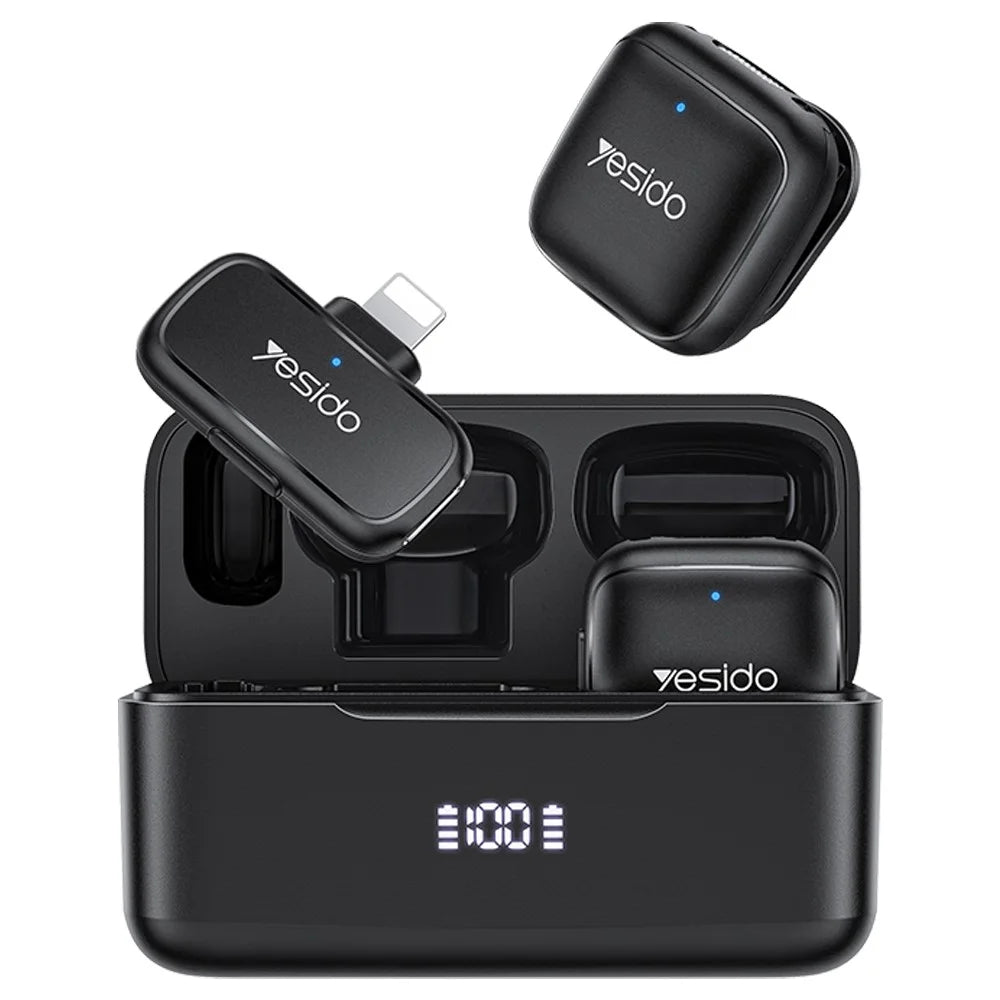 YESIDO KR30 iP Plug 2.4GHz AI Noise Reduction Wireless Lavalier Microphone with Charging Case, 2 Transmitters + 1 Receiver - Black - 1