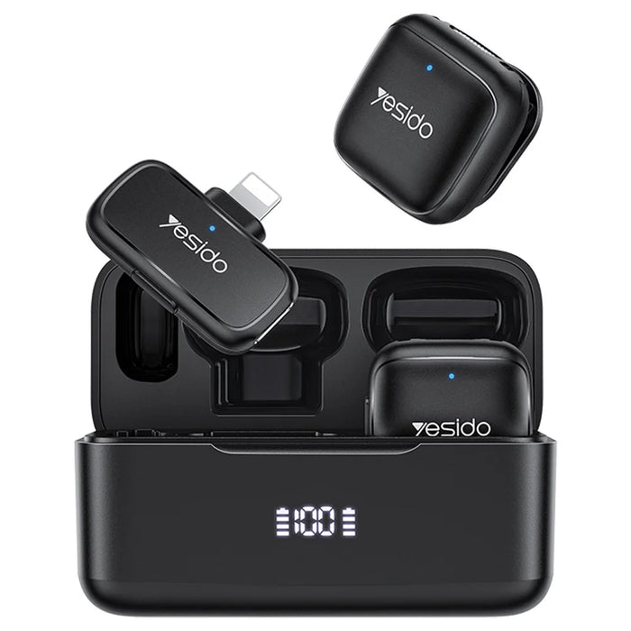 YESIDO KR30 iP Plug 2.4GHz AI Noise Reduction Wireless Lavalier Microphone with Charging Case, 2 Transmitters + 1 Receiver - Black - 1