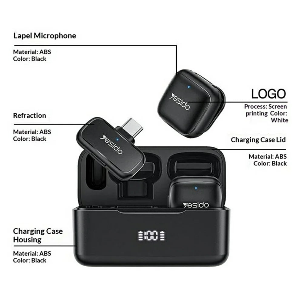 YESIDO KR30 iP Plug 2.4GHz AI Noise Reduction Wireless Lavalier Microphone with Charging Case, 2 Transmitters + 1 Receiver - Black - 7