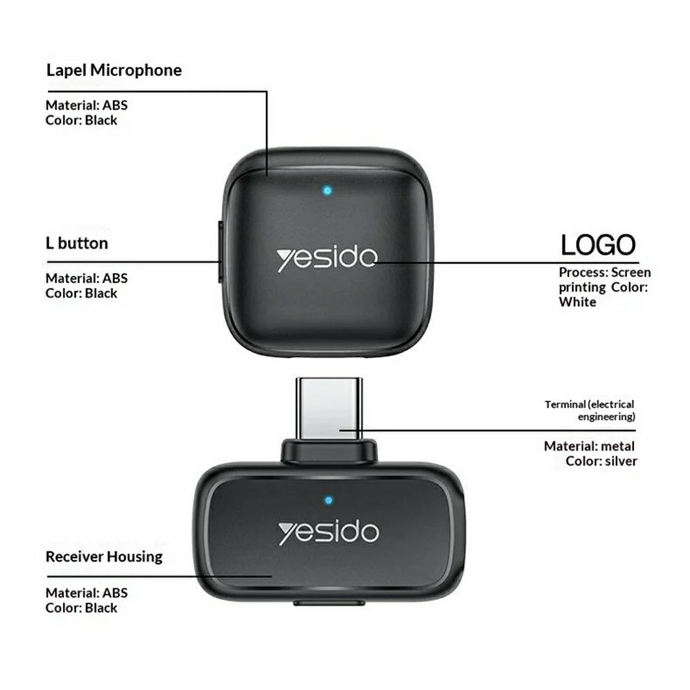 YESIDO KR29 Type-C Plug 2.4GHz Wireless Lavalier Microphone Dual Transmitter 48kHz 50m Range - Black - 7